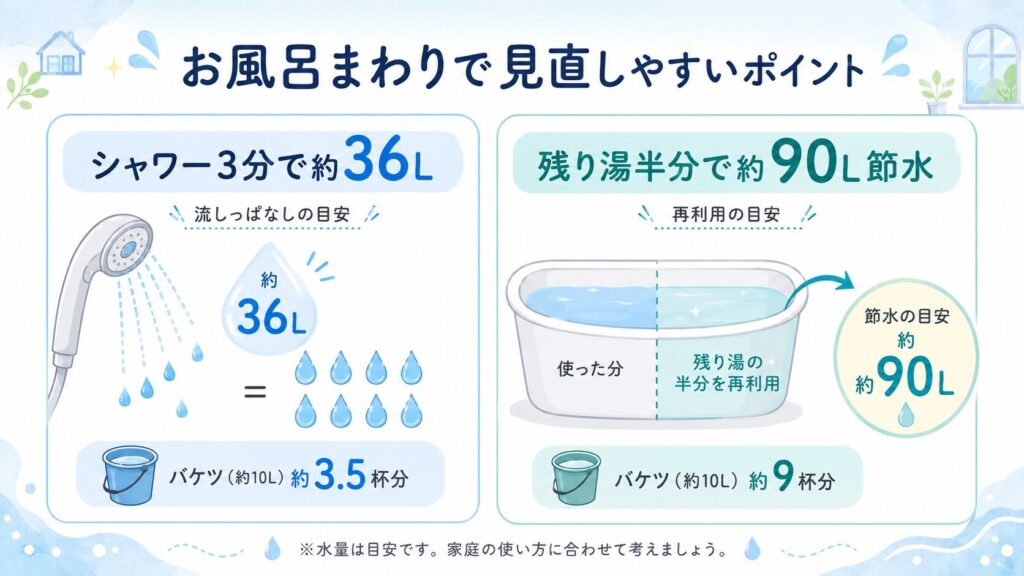 シャワー3分で約36L、残り湯半分の再利用で約90L節水の目安を比較した図解