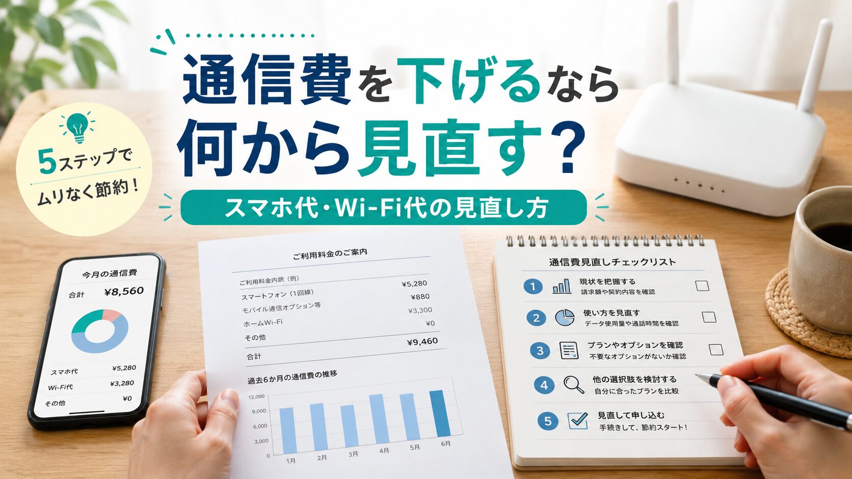 スマートフォン、Wi-Fiルーター、料金明細、チェックリストが並び、「通信費を下げるなら何から見直す？」というタイトルが入ったアイキャッチ画像