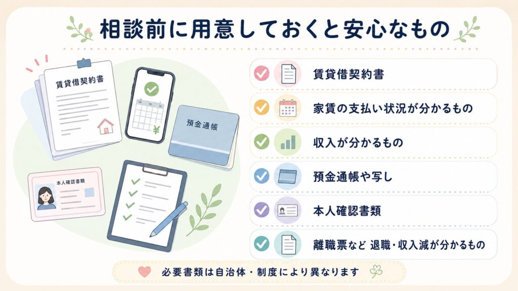 相談前に用意しておくと安心なものとして、賃貸借契約書、家賃の支払い状況が分かるもの、収入が分かるもの、預金通帳や写し、本人確認書類、離職票などをまとめたチェックリスト画像