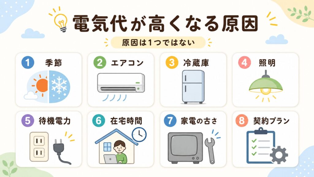 電気代が高くなる原因として、季節、エアコン、冷蔵庫、照明、待機電力、在宅時間、家電の古さ、契約プランをカード形式で整理した図解。