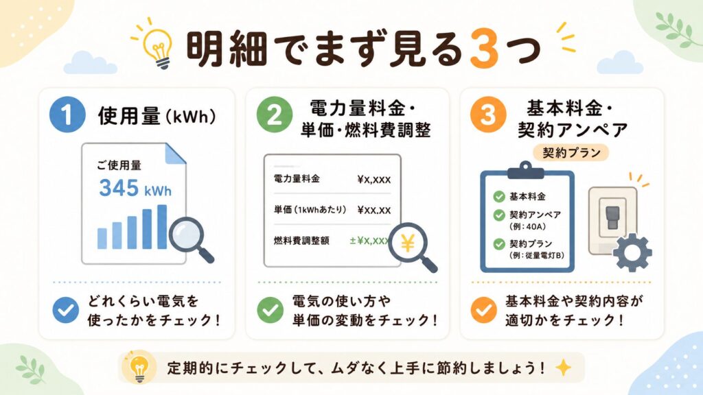電気料金明細でまず見る3つの項目として、使用量、電力量料金・単価・燃料費調整、基本料金・契約アンペアを3つのカードで示した図解。