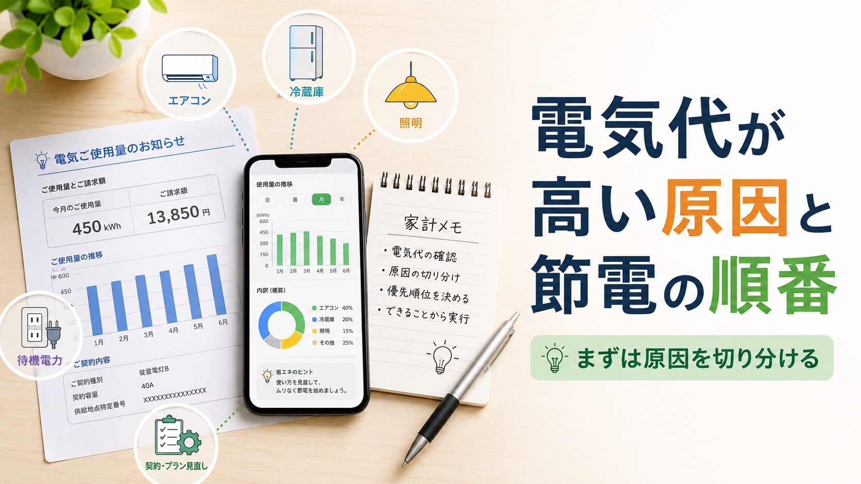 電気料金明細、スマホ、家計メモ、エアコン・冷蔵庫・照明などのアイコンと、「電気代が高い原因と節電の順番」というタイトルが入ったアイキャッチ画像。