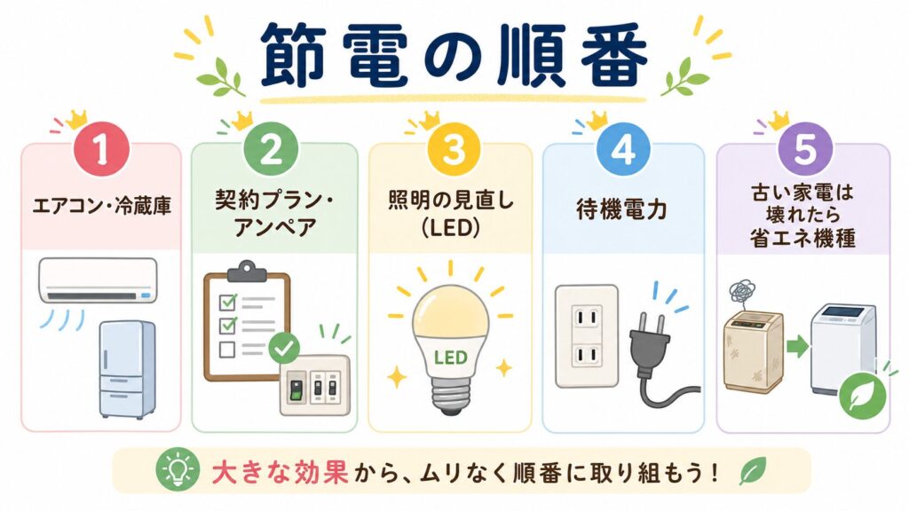 節電の順番として、エアコン・冷蔵庫、契約プラン・アンペア、照明の見直し、待機電力、古い家電は壊れたら省エネ機種、の5ステップを並べた図解。
