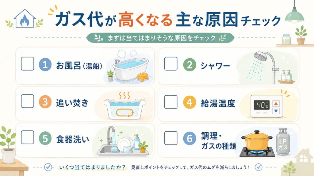 お風呂、シャワー、追い焚き、給湯温度、食器洗い、調理・ガスの種類を6項目で示したチェックリスト図解