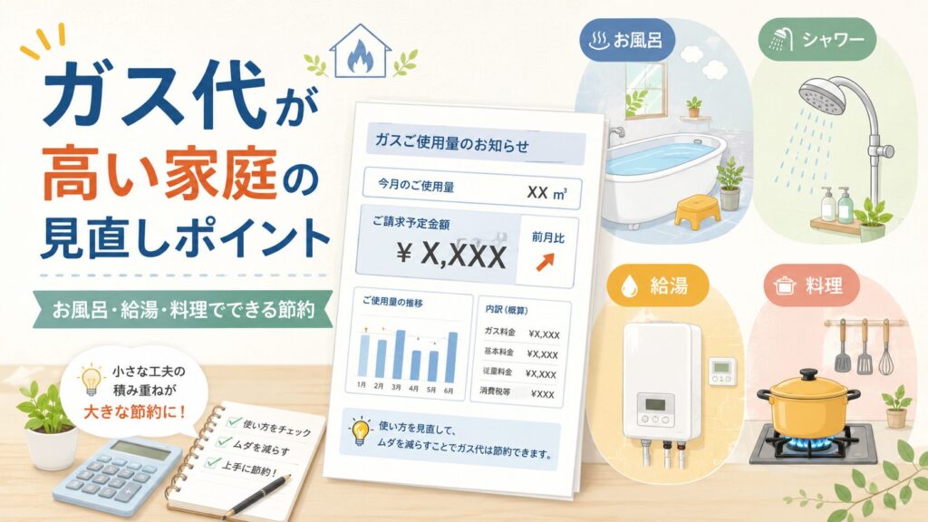 ガス使用量のお知らせ風の明細書と、お風呂・シャワー・給湯器・料理のイラストを並べた、ガス代見直しポイントのアイキャッチ画像