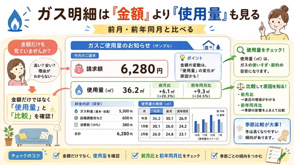ガス明細のサンプルで、請求額、使用量、前月比、前年同月比を矢印や囲みで示した見方の図解