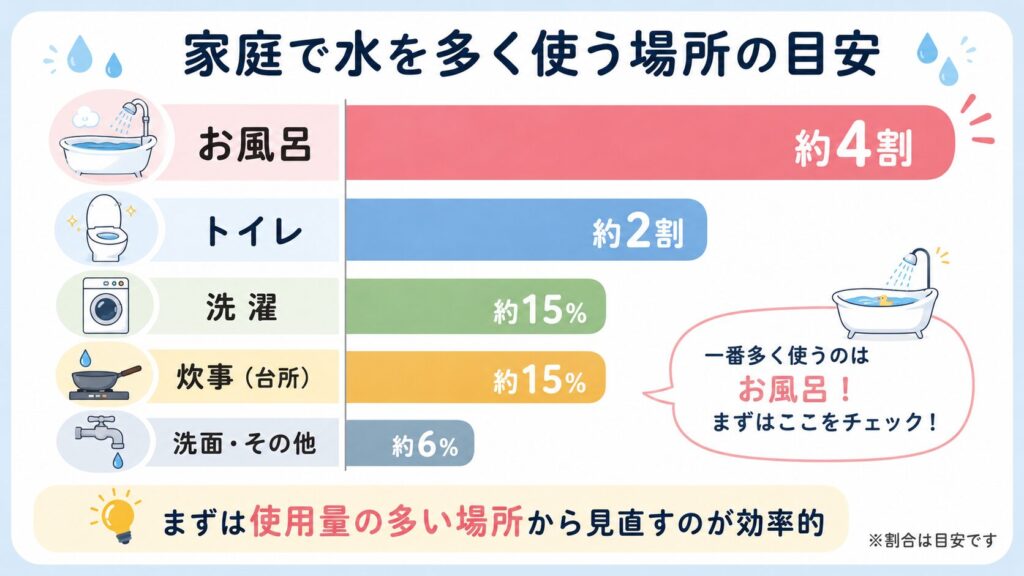 お風呂、トイレ、洗濯、炊事、洗面・その他の水使用割合の目安を横棒グラフで示した図解