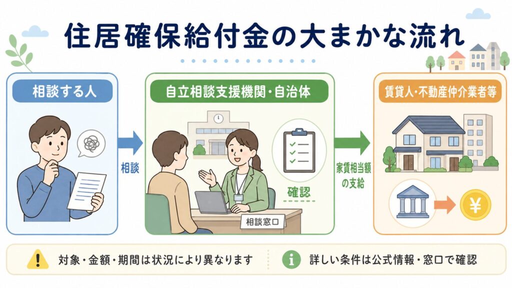 住居確保給付金の大まかな流れとして、相談する人、自立相談支援機関・自治体、賃貸人・不動産仲介業者等への家賃相当額の支給を矢印で示した図解