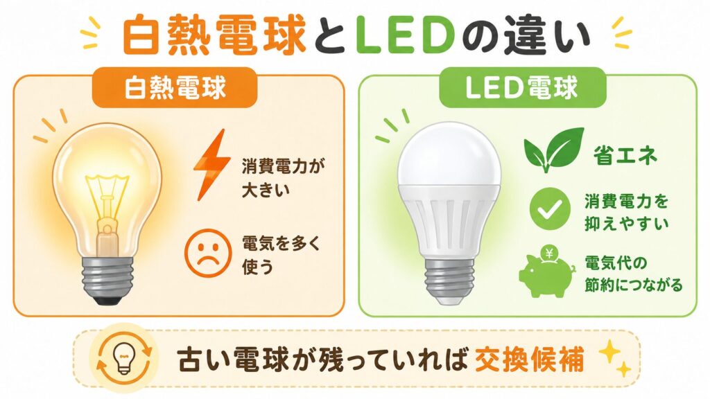 白熱電球とLED電球を左右で比較し、白熱電球は消費電力が大きく、LED電球は省エネで電気代の節約につながることを示した図解。