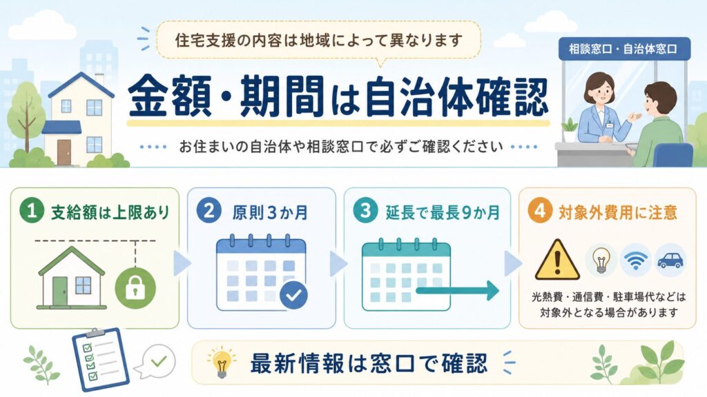 「金額・期間は自治体確認」として、支給額の上限、原則3か月、延長で最長9か月、対象外費用への注意を4つのカードで整理した図解