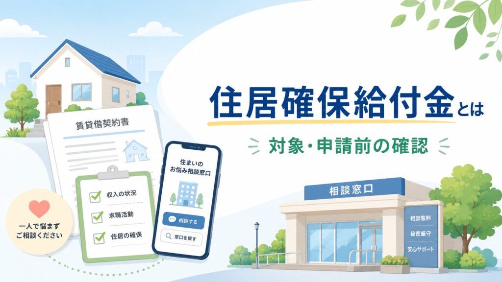 家、賃貸借契約書、チェックリスト、スマホ、相談窓口の建物とともに「住居確保給付金とは」「対象・申請前の確認」と書かれたアイキャッチ画像