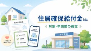 家、賃貸借契約書、チェックリスト、スマホ、相談窓口の建物とともに「住居確保給付金とは」「対象・申請前の確認」と書かれたアイキャッチ画像