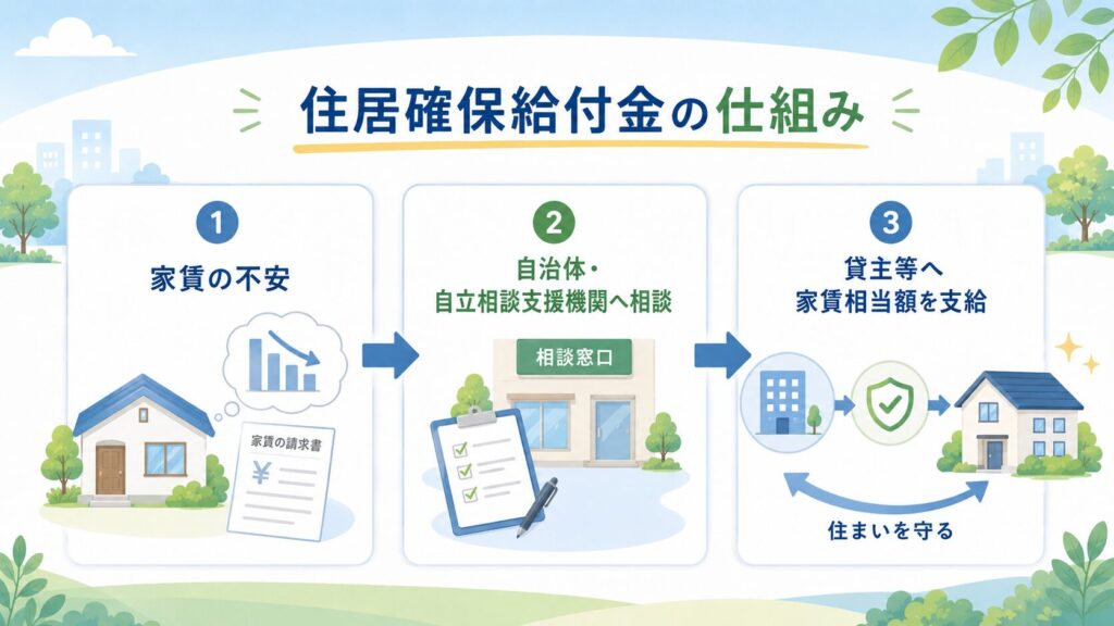 「家賃の不安」から「自治体・自立相談支援機関へ相談」し、「貸主等へ家賃相当額を支給」して住まいを守る流れを3ステップで示した図解