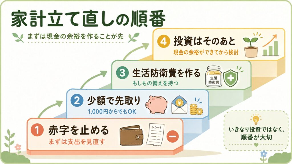 赤字を止める、少額で先取り、生活防衛費を作る、投資はそのあと、という家計立て直しの優先順位を階段状に示した図解