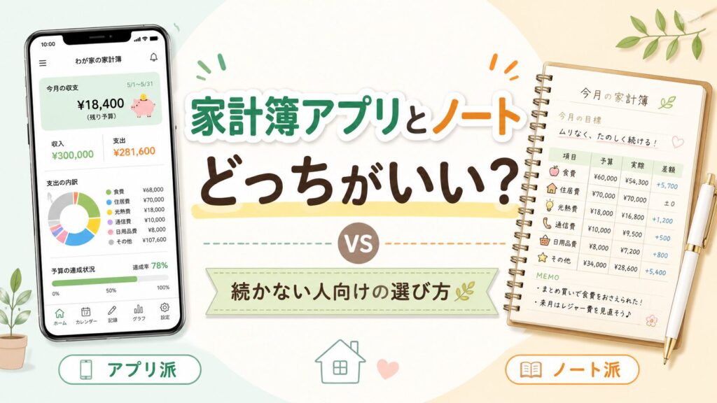 家計簿アプリ風のスマホ画面とノート家計簿を並べ、「家計簿アプリとノート どっちがいい？」と示したアイキャッチ画像