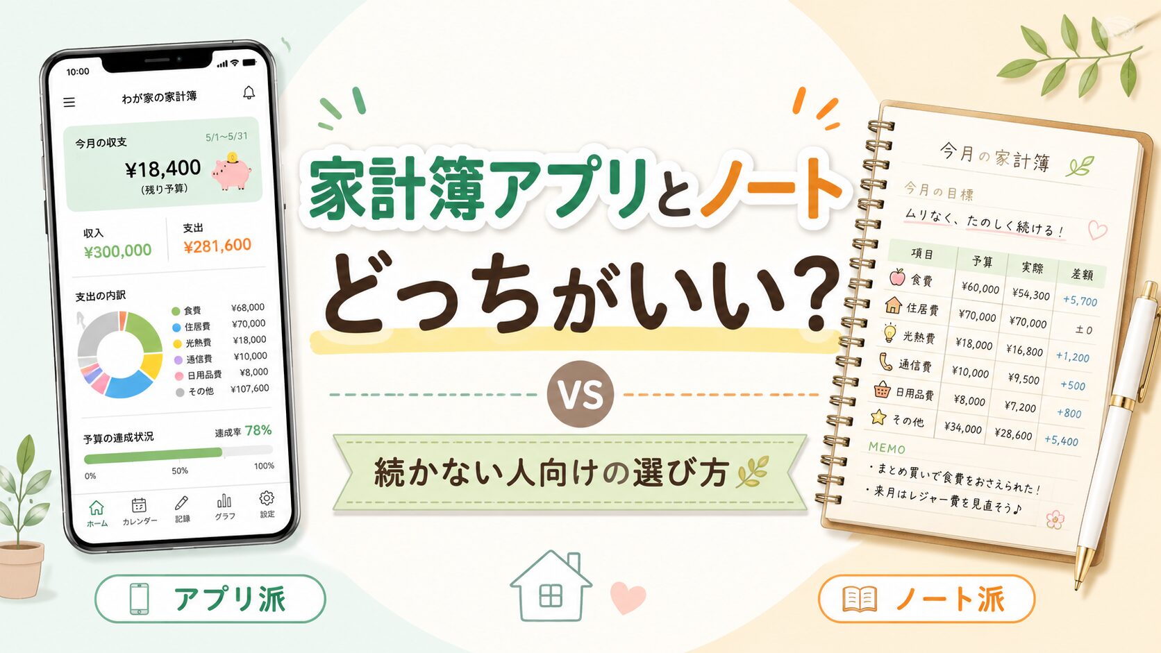 家計簿アプリ風のスマホ画面とノート家計簿を並べ、「家計簿アプリとノート どっちがいい？」と示したアイキャッチ画像