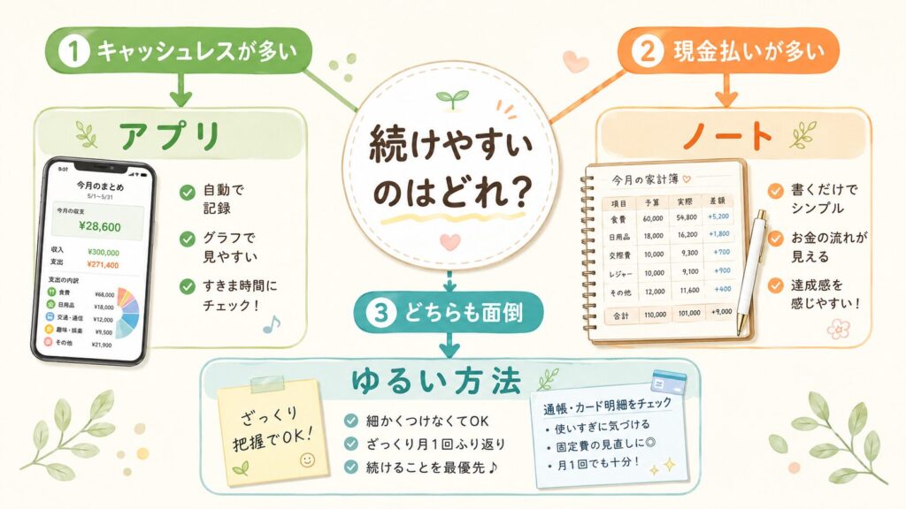 「続けやすいのはどれ？」を中心に、キャッシュレスが多い人はアプリ、現金払いが多い人はノート、どちらも面倒な人はゆるい方法へ分岐する図解