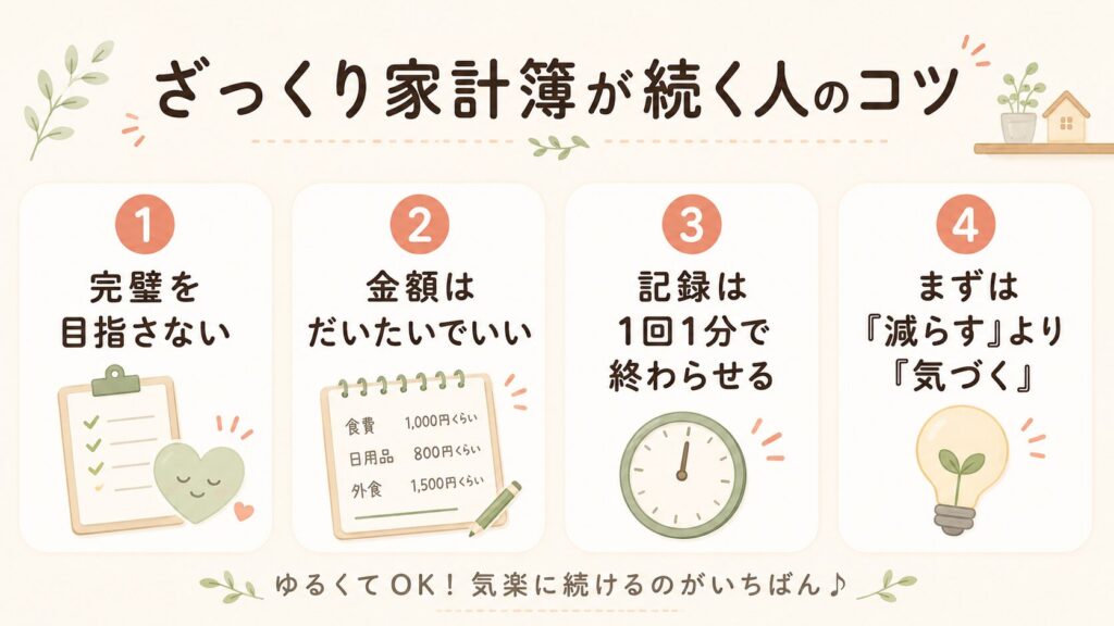 完璧を目指さない、金額はだいたいでいい、記録は1回1分で終わらせる、まずは減らすより気づく、という4つのコツをまとめた図解