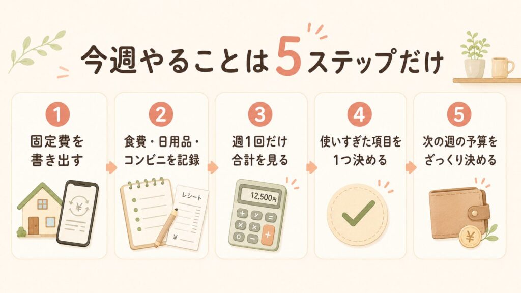 固定費を書き出す、食費・日用品・コンビニを記録、週1回だけ合計を見る、使いすぎた項目を1つ決める、次の週の予算をざっくり決める、という5ステップの図解