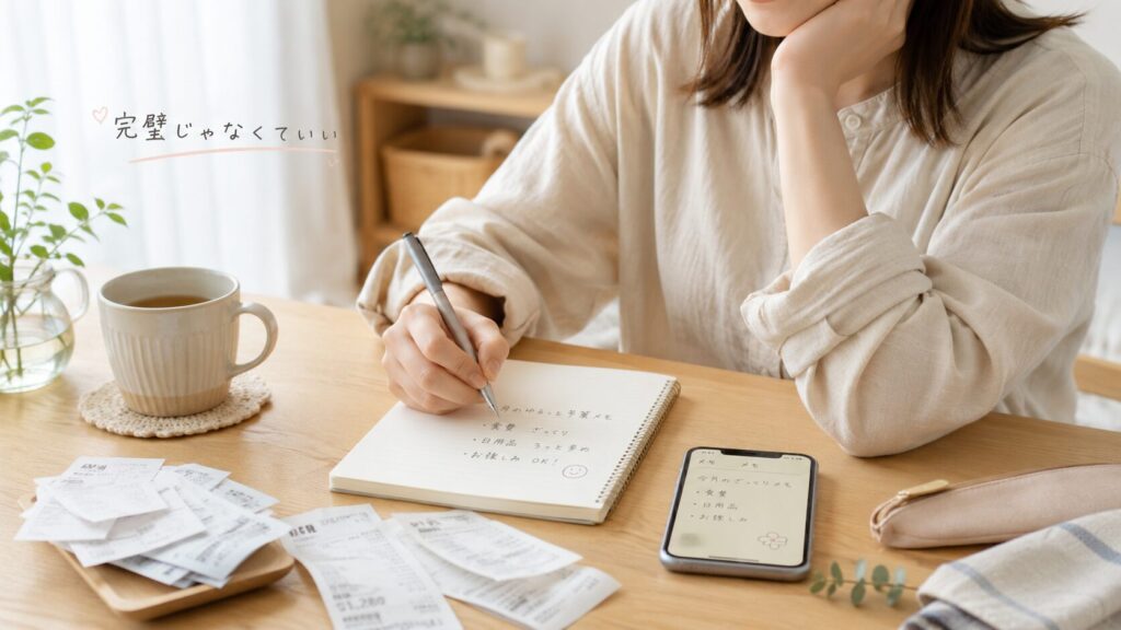 机の上で人物がノートに家計メモを書き、周囲にレシートやスマホが置かれている。「完璧じゃなくていい」と書かれた補助画像