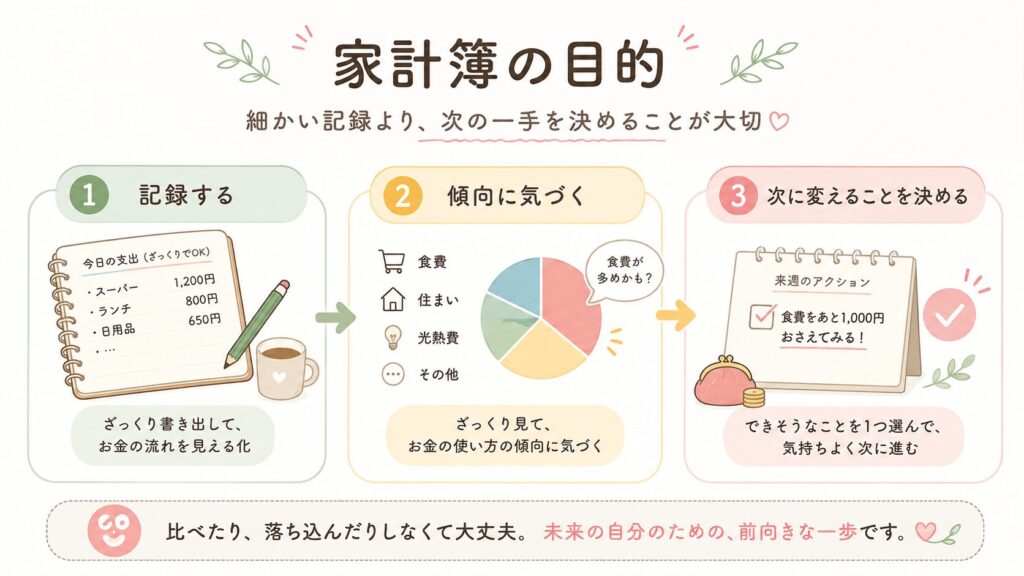 家計簿の目的を「記録する」「傾向に気づく」「次に変えることを決める」の3ステップで示した図解