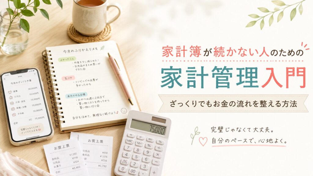 ノート、スマホ、電卓、レシートを机に並べた、家計簿が続かない人向けの家計管理入門のアイキャッチ画像