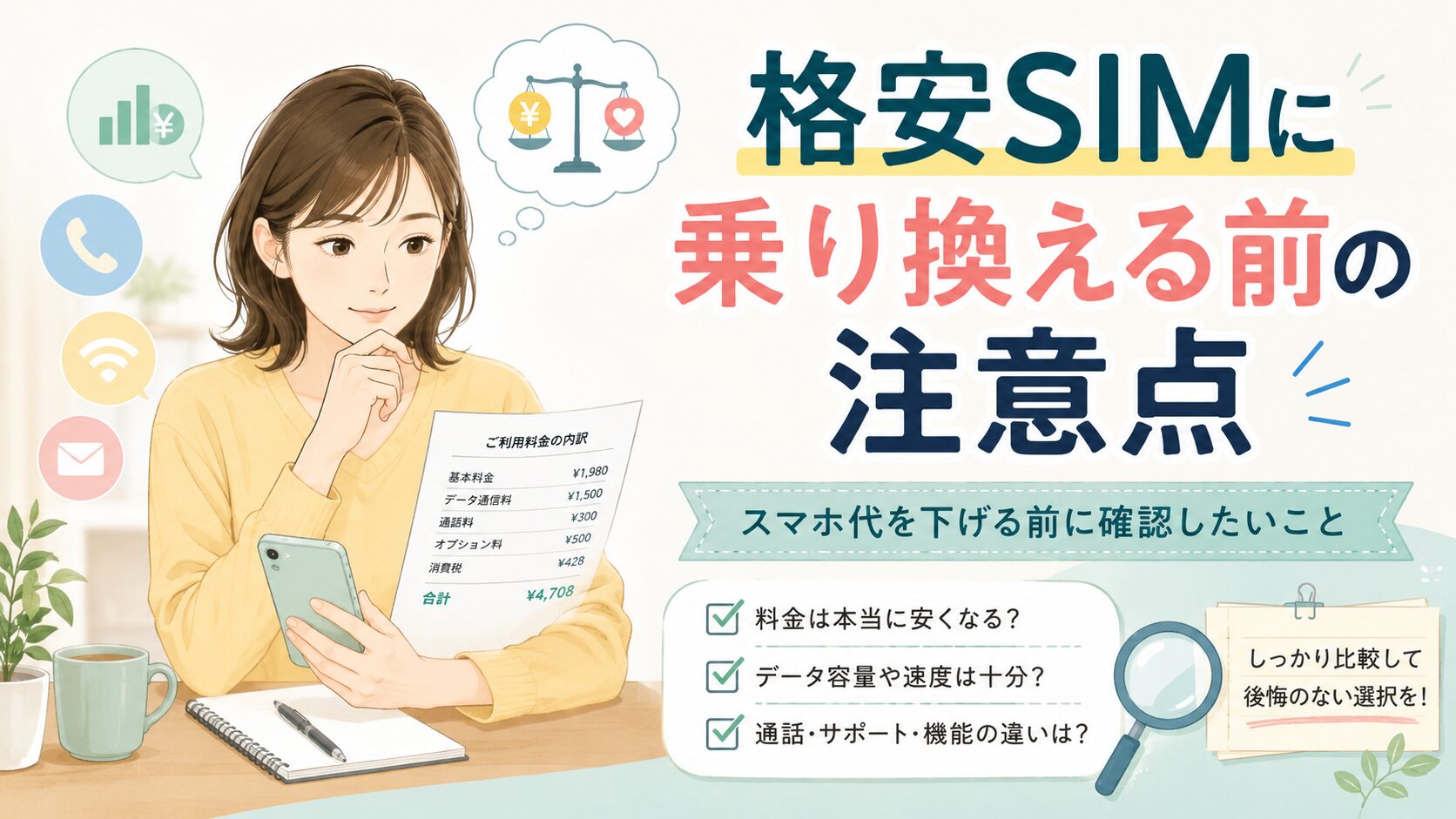スマホ料金の明細を見ながら、格安SIMに乗り換える前の注意点を確認している女性とチェックリストのアイキャッチ画像