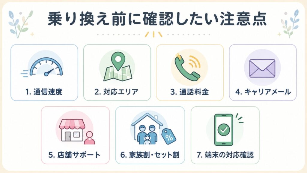 格安SIMに乗り換える前に確認したい7つの注意点を一覧にした図解