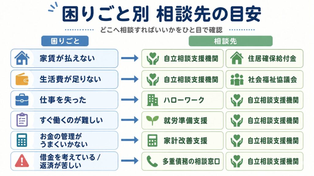 家賃、生活費、仕事、就労、お金の管理、借金の困りごと別に、自立相談支援機関や住居確保給付金、社会福祉協議会などの相談先を矢印で整理した図解