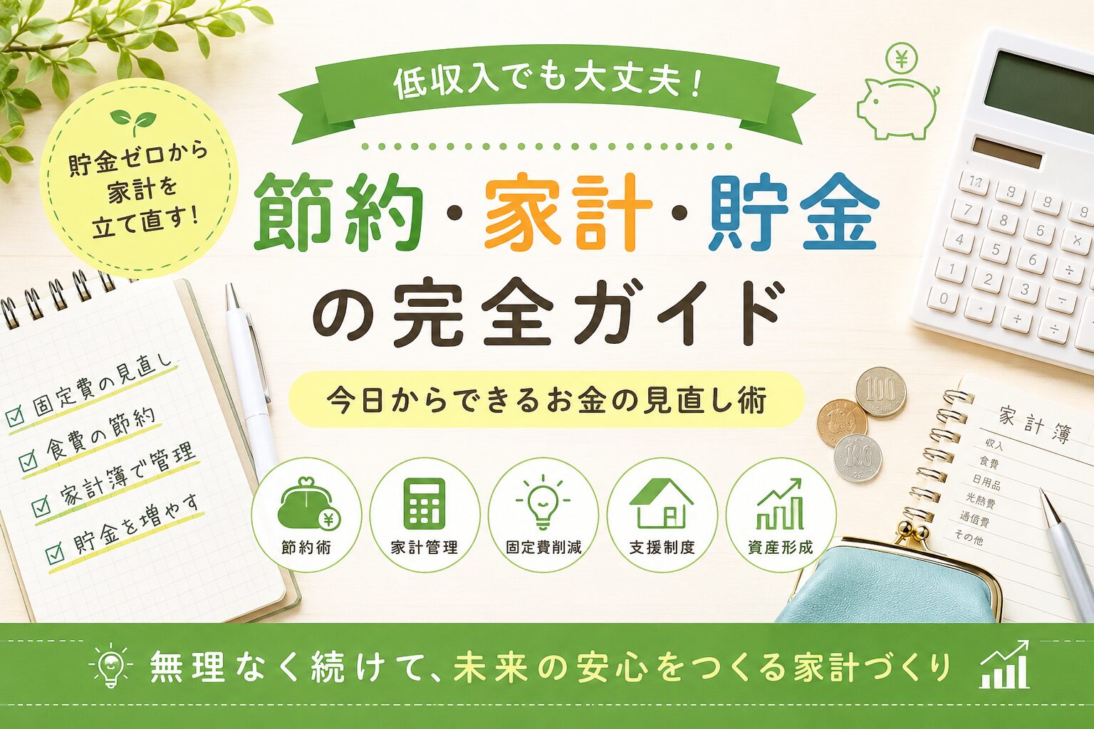 「お金がないときの支援制度と相談先」というタイトルと、書類・スマホ・家のモチーフ・相談窓口を連想させるアイコンを配置したアイキャッチ画像。
