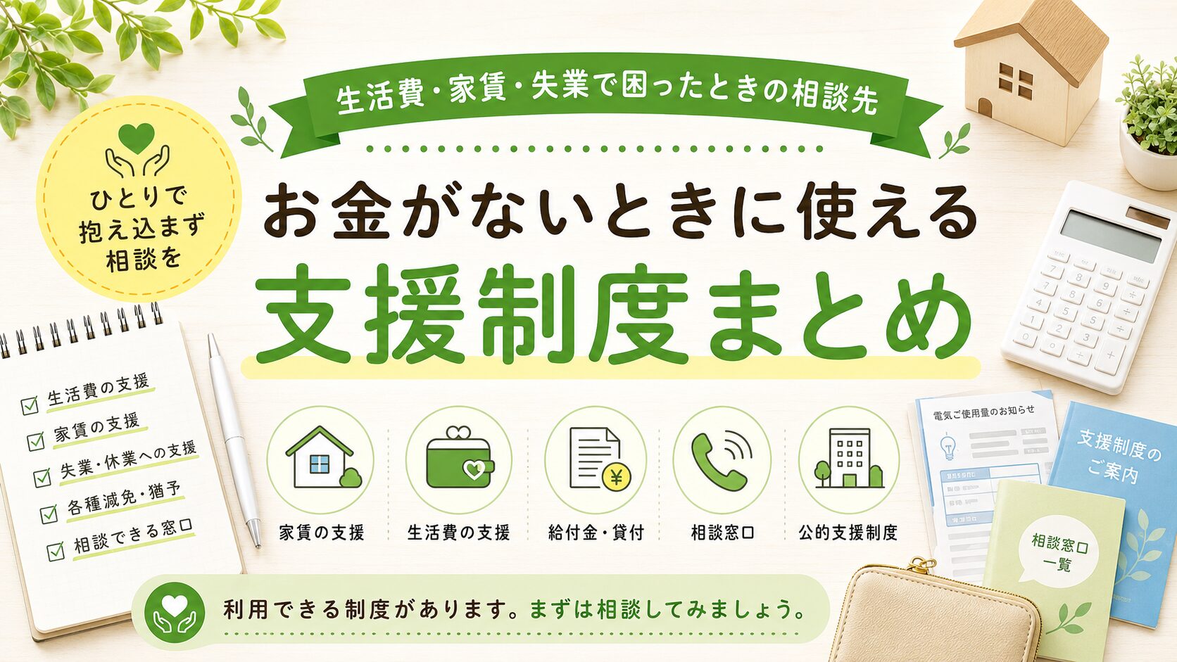「お金がないときに使える支援制度まとめ」というタイトルと、家賃・生活費・給付金や貸付・相談窓口・公的支援制度を示すアイコンを配置したアイキャッチ画像。
