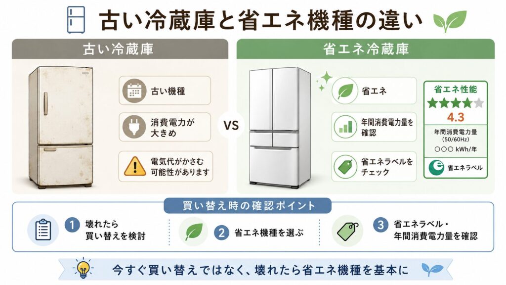 古い冷蔵庫と省エネ冷蔵庫を左右で比較し、買い替え時の確認ポイントとして、省エネ機種、省エネラベル、年間消費電力量を示した図解。