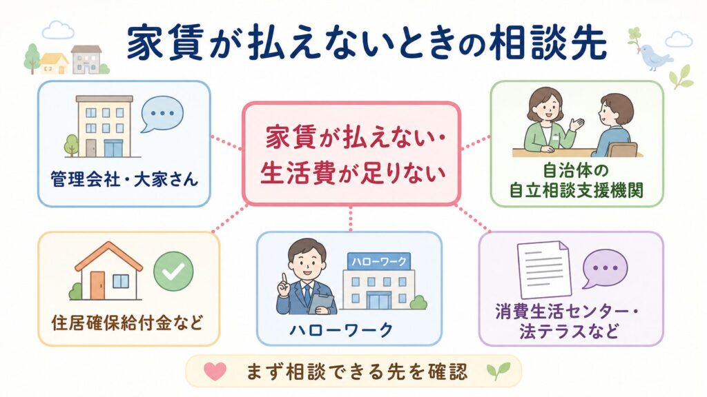 家賃が払えない・生活費が足りない場合の相談先として、管理会社・大家さん、自治体の自立相談支援機関、住居確保給付金など、ハローワーク、消費生活センター・法テラスなどを整理した相談先マップ