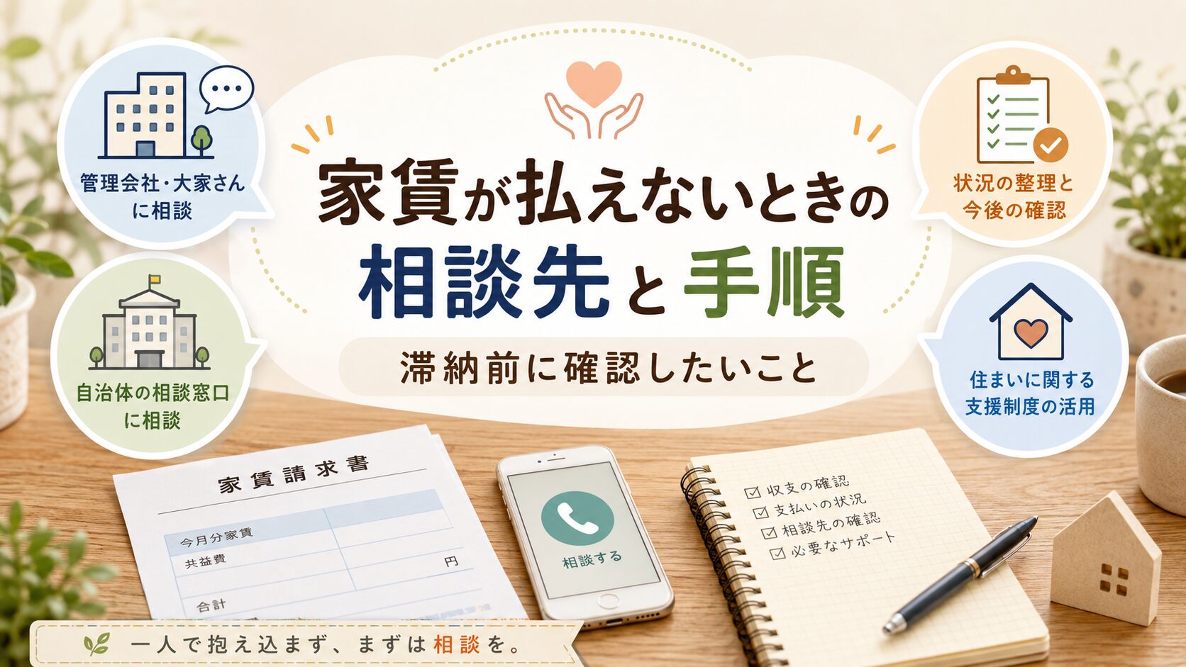 家賃請求書、スマホ、メモ帳、ペンと、管理会社・自治体窓口・支援制度を示すアイコンを配置した「家賃が払えないときの相談先と手順」のアイキャッチ画像