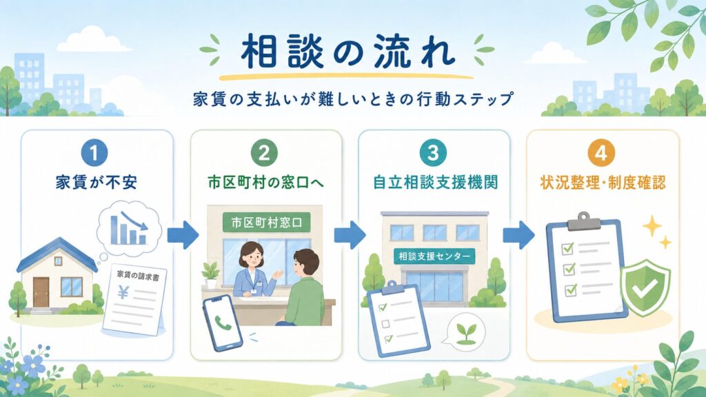 「家賃が不安」「市区町村の窓口へ」「自立相談支援機関」「状況整理・制度確認」の4ステップで相談の流れを示した図解