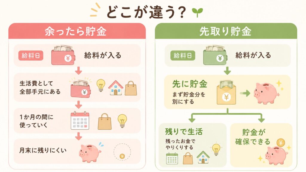 左に余ったら貯金、右に先取り貯金を並べ、給料日から月末までのお金の流れの違いを比較した図解