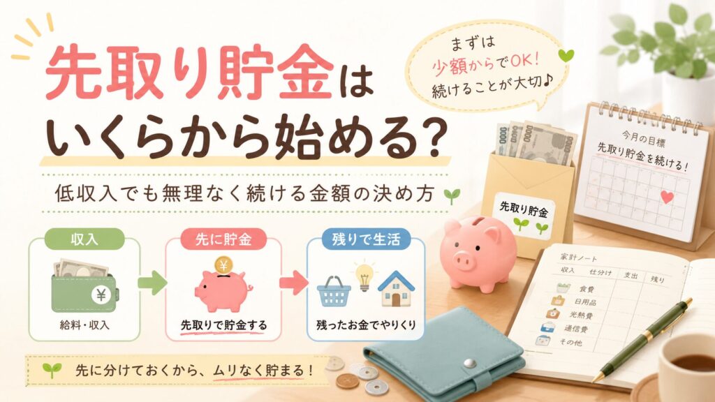 「先取り貯金はいくらから始める？」というタイトルと、収入から先に貯金分を分けて残りで生活する流れを示したアイキャッチ画像