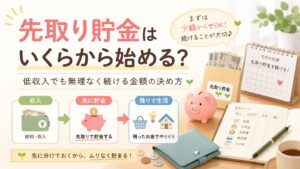 「先取り貯金はいくらから始める？」というタイトルと、収入から先に貯金分を分けて残りで生活する流れを示したアイキャッチ画像