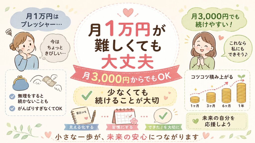 月1万円が難しい場合でも月3,000円から始めてよいことを、コインの積み上がりや家計メモ、カレンダーで示した図解