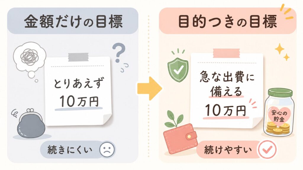 「金額だけの目標」と「目的つきの目標」を左右で比較し、目的つきの10万円貯金が続けやすいことを示した図解