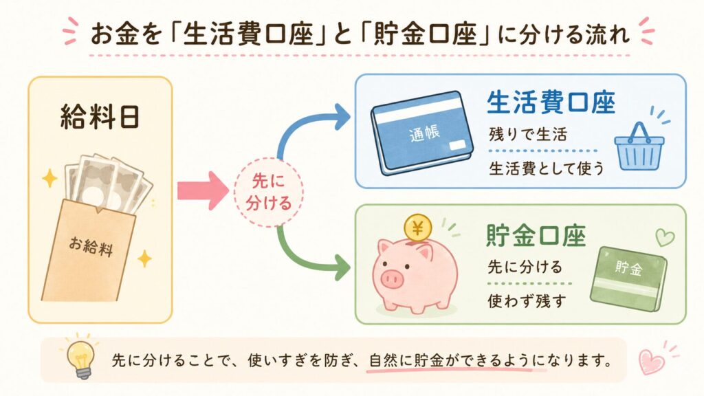 給料日に入ったお金を生活費口座と貯金口座に先に分ける流れを示した図解