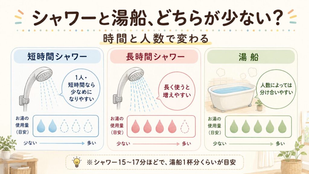 短時間シャワー、長時間シャワー、湯船を3カラムで比較し、お湯の使用量の目安と「時間と人数で変わる」ことを示した図解