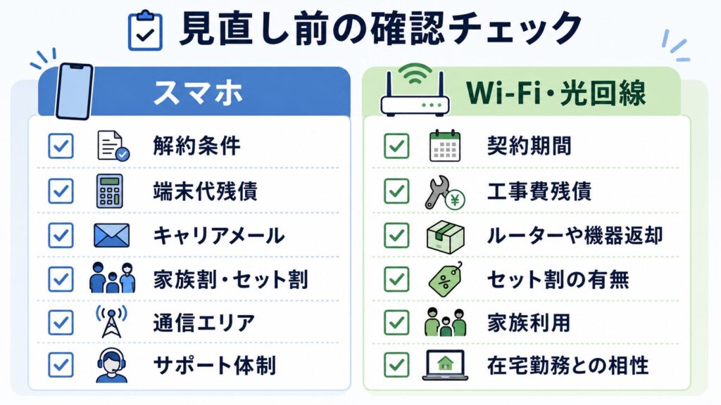 スマホとWi-Fi・光回線を左右に分け、解約条件、端末代残債、キャリアメール、契約期間、工事費残債、機器返却などを確認するチェックリスト図解