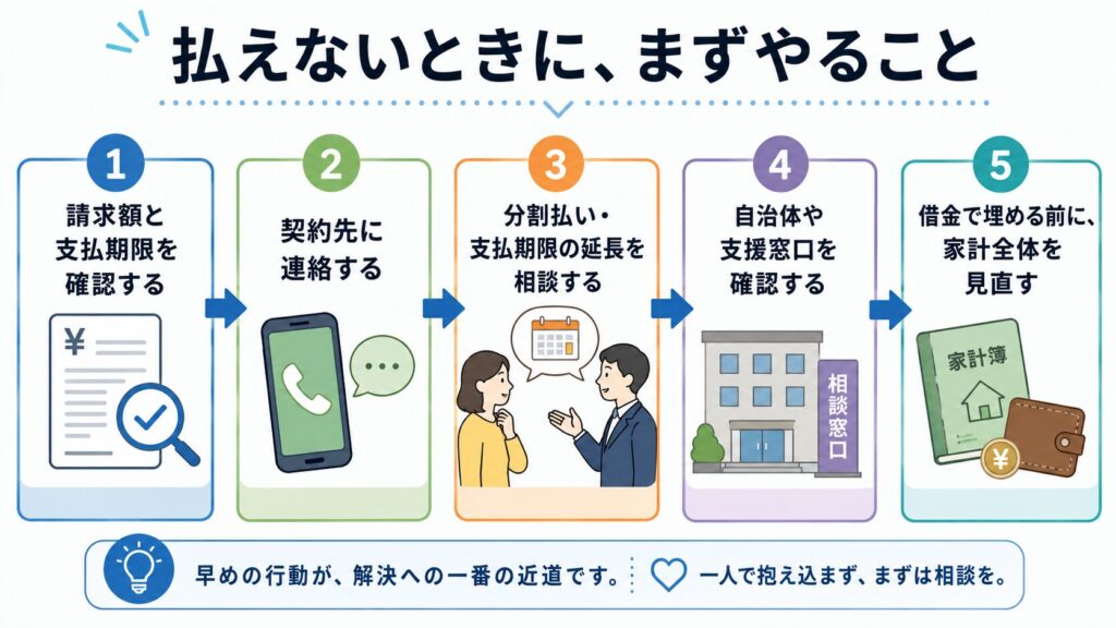 払えないときにまずやることを5ステップで示した図解。請求額と支払期限の確認、契約先への連絡、分割・猶予の相談、支援窓口の確認、家計全体の見直しが順番に並んでいる。