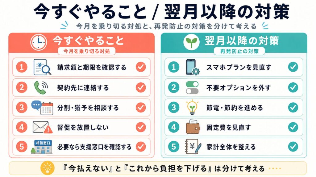 今すぐやることと翌月以降の対策を左右2カラムで整理した図解。左に請求額確認、契約先連絡、分割・猶予相談、督促対応、支援窓口確認、右にスマホプラン見直し、不要オプション解除、節電・節約、固定費見直し、家計全体の整理が並んでいる。