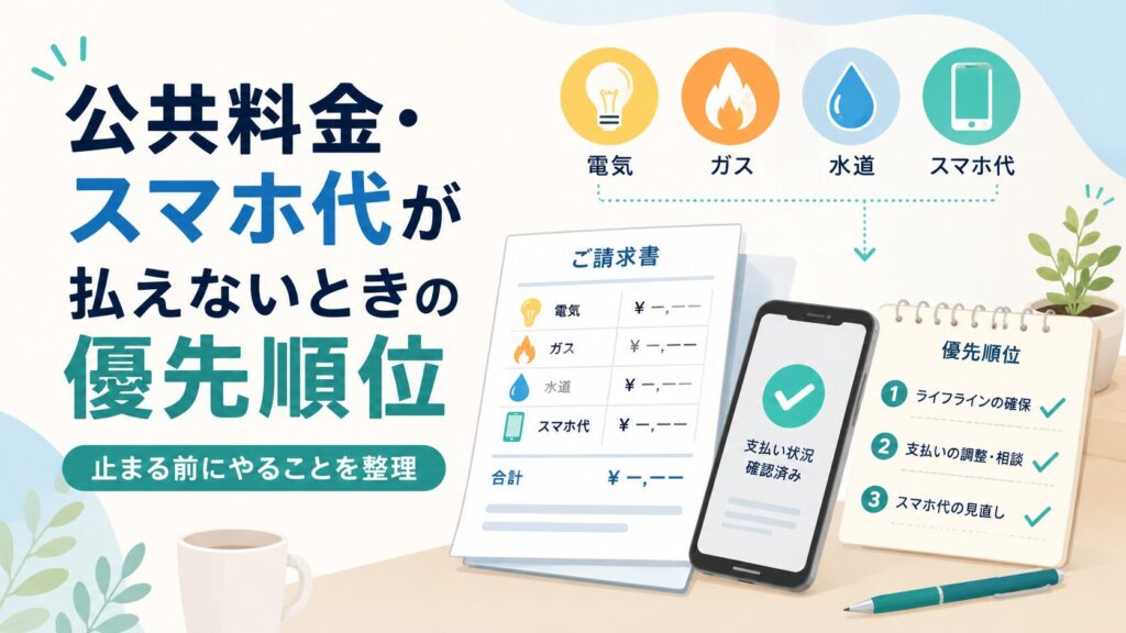 公共料金・スマホ代が払えないときの優先順位を示すアイキャッチ画像。請求書、スマホ、電気・ガス・水道・スマホ代のアイコン、優先順位のチェックリストが描かれている。