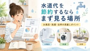 検針票を見ながら、お風呂・洗濯・台所など水を使う場所を確認しているアイキャッチ画像