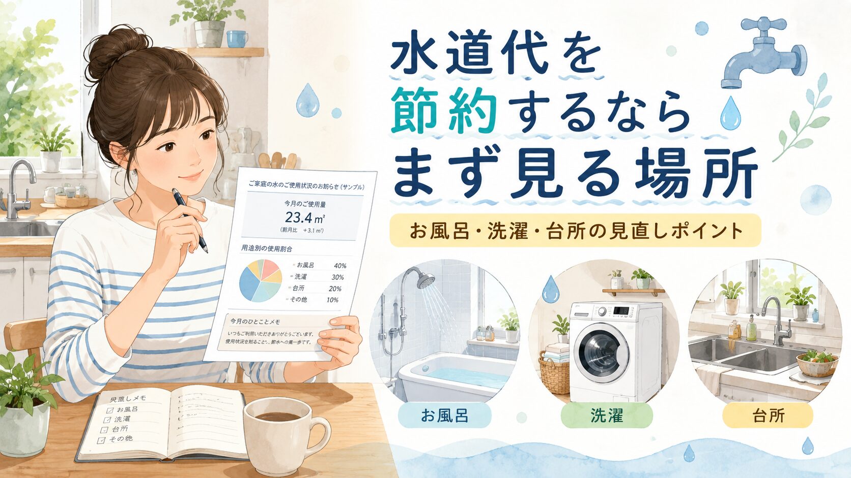 検針票を見ながら、お風呂・洗濯・台所など水を使う場所を確認しているアイキャッチ画像