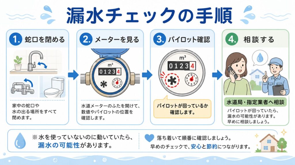 蛇口を閉める、水道メーターを見る、パイロットを確認する、相談する流れを4ステップで示した漏水チェック図解