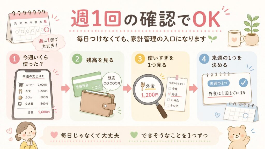 週1回の家計確認として、使ったお金を見る、残高を見る、使いすぎを1つ見る、来週の行動を決める流れを示した図解